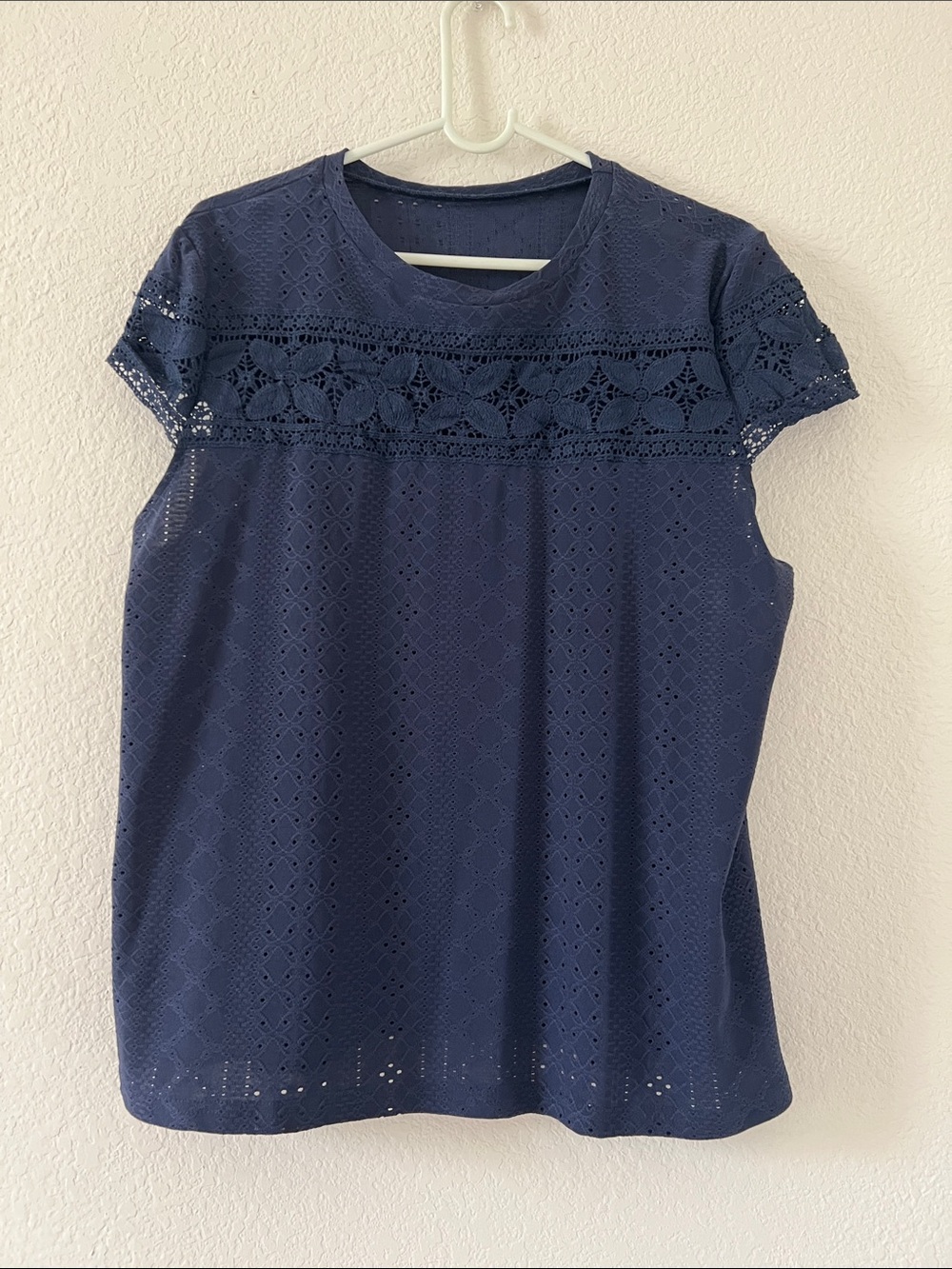Lace Yoke Short Sleeve Tee in Navy